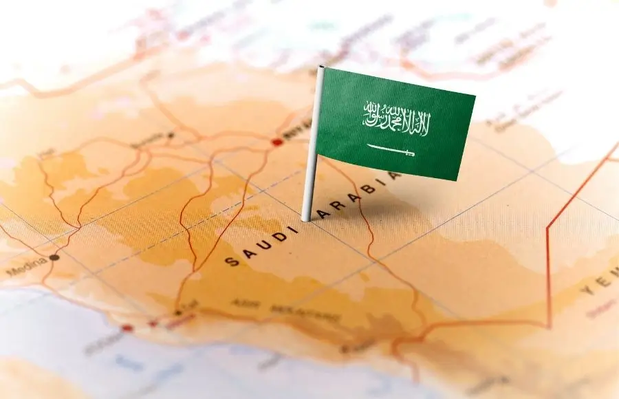 Saudi Arabia map with national flag marker